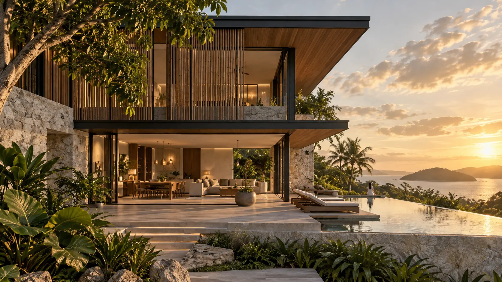 Concept visualization of a contemporary tropical home with stone and timber details